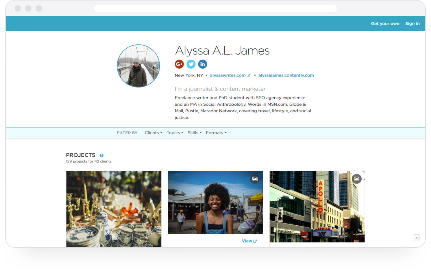 Contently portfolio example: Alyssa James' online portfolio