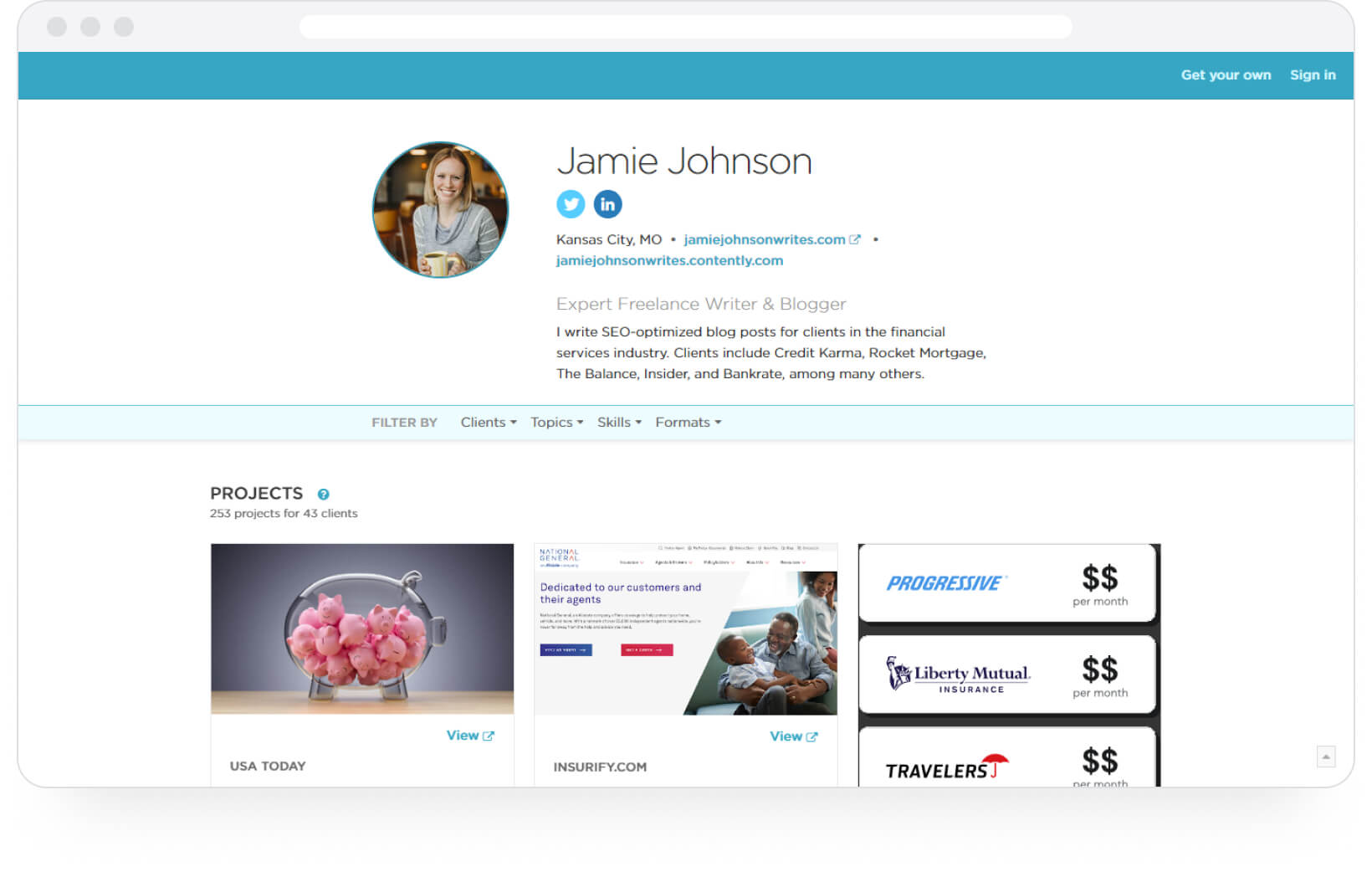 Contently portfolio example: Jamie Johnson's portfolio website