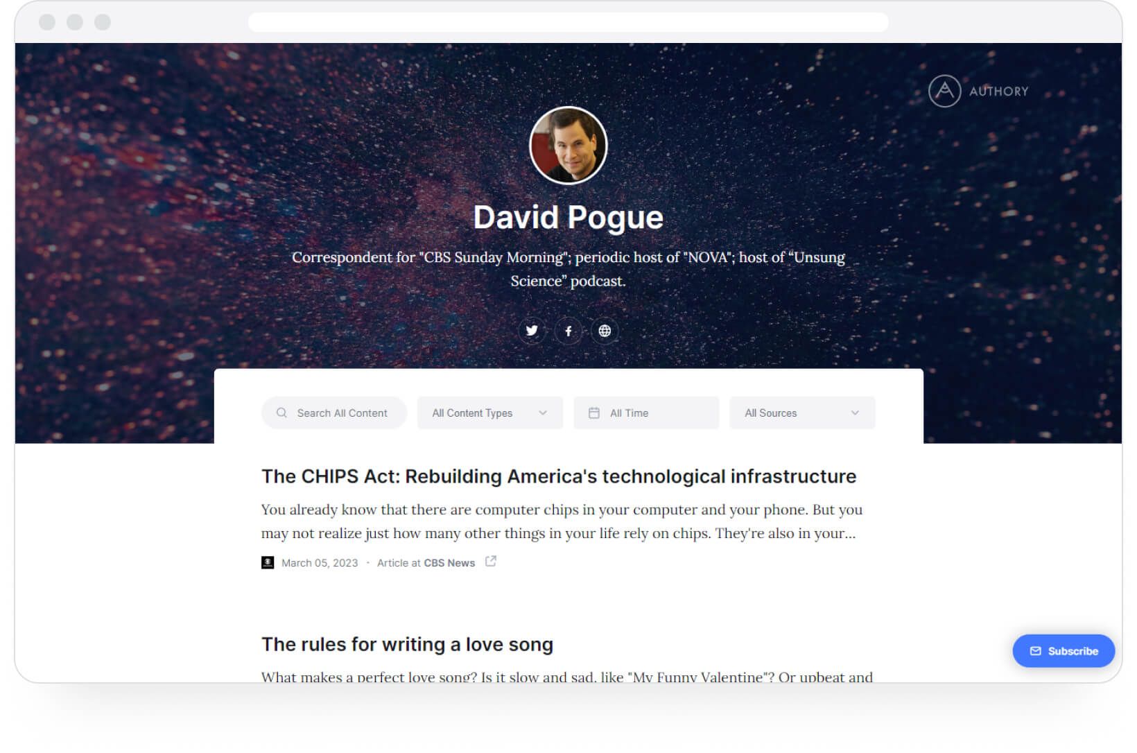 Authory.com portfolio example: David Pogue