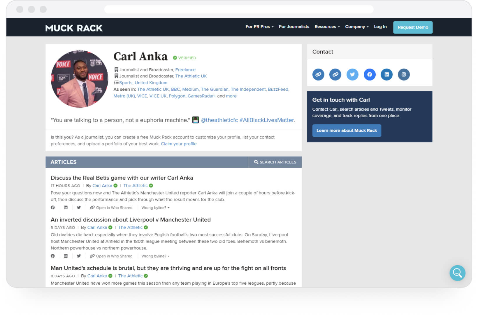 Muck Rack portfolio example: Carl Anka