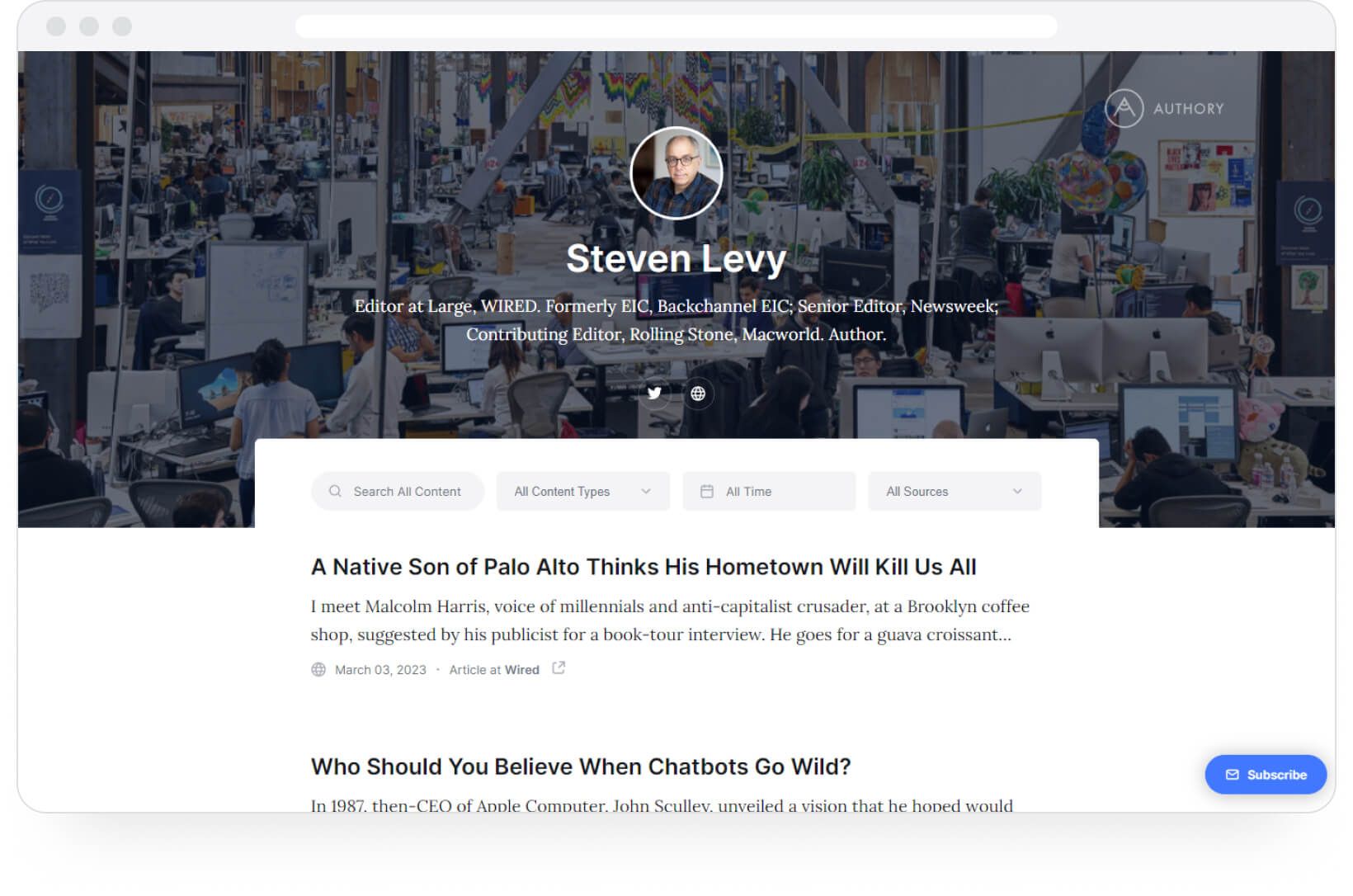 Authory.com portfolio example: Steven Levy